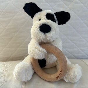Jellycat Bashful Puppy Dog Baby Rattle Wooden Ring Black & Cream Stuffed Lovey